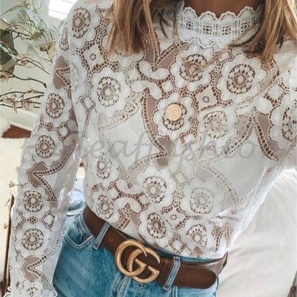 Boho White Lace Frill Neck Blouse - Picture 2 of 7